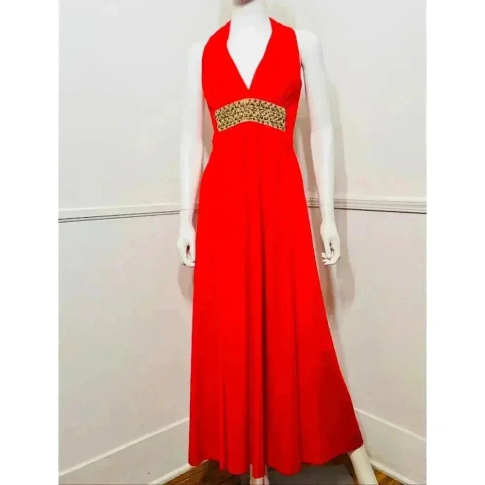 VINTAGE 1970s halter tangerine dress w/gold beaded waist detailing Jr Theme XS